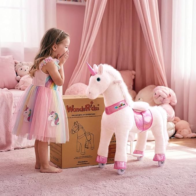 WondeRides Ride on Unicorn Horse Rider Pony Cycle Toy, 30.1 Inch Height Riding Pony White Unicorn Toy Plush Rocking Mechanical Walking Animal with Wheels No Battery Size 3 for Kids 3-5 Years M332-1