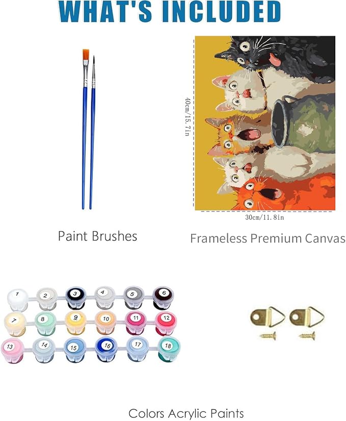 Paint by Numbers for Adults and Kids Beginner, Surprised Cats Painting by Number Kits On Canvas, Number Artist Paint by Number Kit DIY Oil Painting Acrylic Paints, Home Wall Decor Gift 12X16 inch