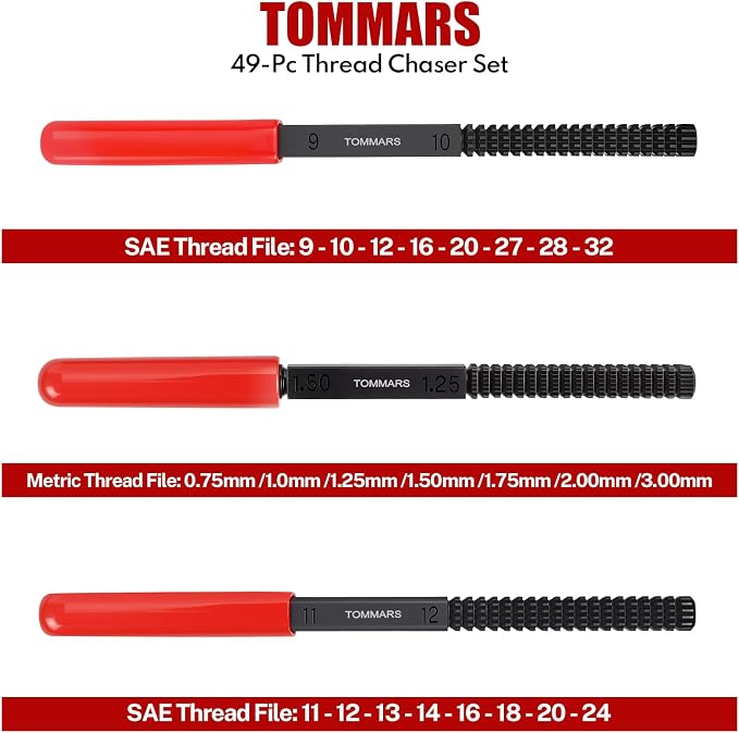 TOMMARS 49-Piece Thread Chaser Set Repair Kit, UNC UNF & Metric with Taps, Dies, and Thread Files for Rethreading and Restoration