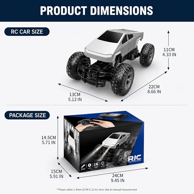 Remote Control Car, 1:18 RC Truck for Kids, 2.4GHz Remote Control Pickup Toy, All Terrain Off Road Vehicle with LED Lights, Silver Truck Gift for Boys Girls Ages 4-12