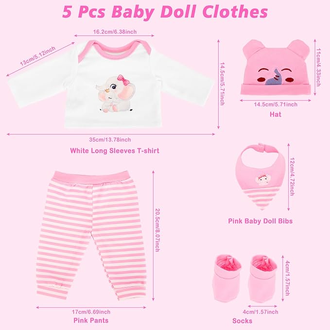 5 PCS Baby Doll Clothes 14-16 Inch Baby Doll Elephant Pattern Outfit Accessories for Sweet Baby Dolls Clothing with Pink Hat, Top Pants Socks