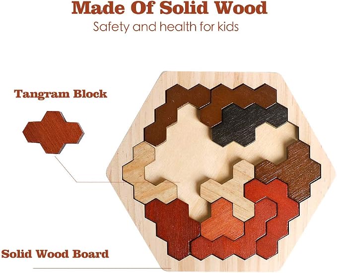 Wooden Hexagon Puzzle for Kids & Adults, Montessori STEM Educational Toy with Colorful Shapes, Logic IQ Brain Teaser Game for Kids, Geometry Tangram Gift