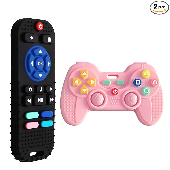 Hooku 2 Pack Remote Teether for Baby, Silicone Teethers for Babies 6-12 Months, Baby Teething Toys for Babies 0-6 Months, Remote Control Toy, Infant Gifts for Boys Girls