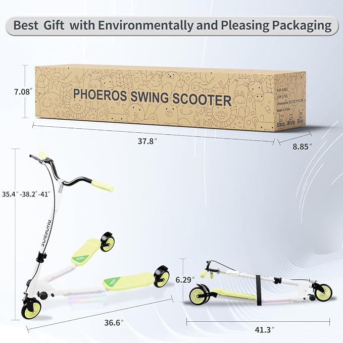 PHOEROS Upgraded Swing Wiggle Scooter,3 Wheels Drifiting Kick Scooter for Kids Ages 6-12,Teens&Adults,Youth Drifting Scooter with LED Light/4 Height Adjustable/Foldable Best Gift for Kids