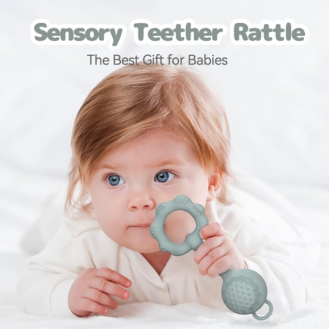 Teethers for Babies 0-6 Months, Rattles for Babies 6-12 Months, 2-in-1 Rattle and Teether Toy for Soothing Sore Gums and Keeps Little Ones Entertained, Food Grade Silicone, Gray