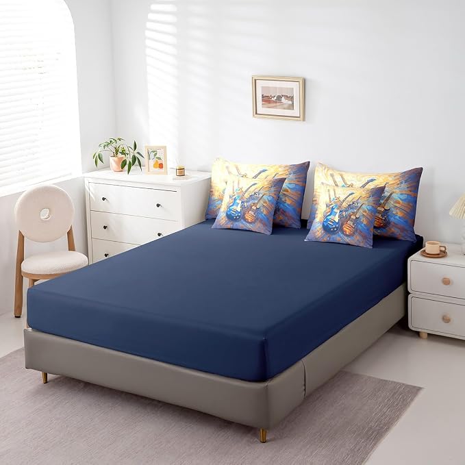 Feelyou Guitar Comforter Set with Sheets King Size Rock Music Bed in a Bag for Boys Girls Teens Yellow Blue 7 Pieces Bedding Set Soft Lightweight Microfiber