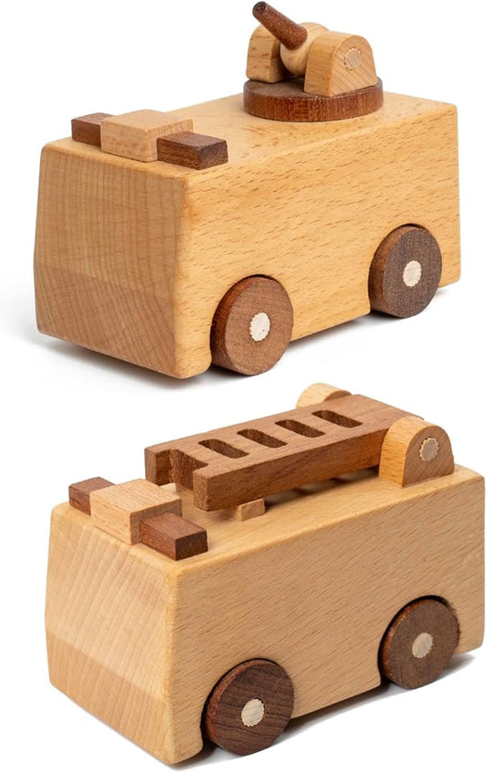 Wooden Toy Cars for 3 Year Old Boys & Girls - Construction Vehicles Set Push Toys for Toddlers, Wood Montessori Car with Rolling Wheels, Natural Wood Toys (Ladder Truck & Fire Truck)