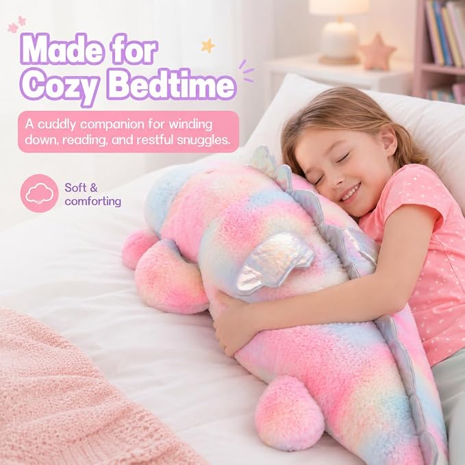 Jumbo Dinosaur Pillow,Cute Pink Giant Dinosaur Stuffed Animal,Dino Plush Toys for Girls,Rainbow Large Dino Plushies,Big Stegosaurus Stuffy,Cuddle Pillow Kids Easter Birthday Valentine Gift