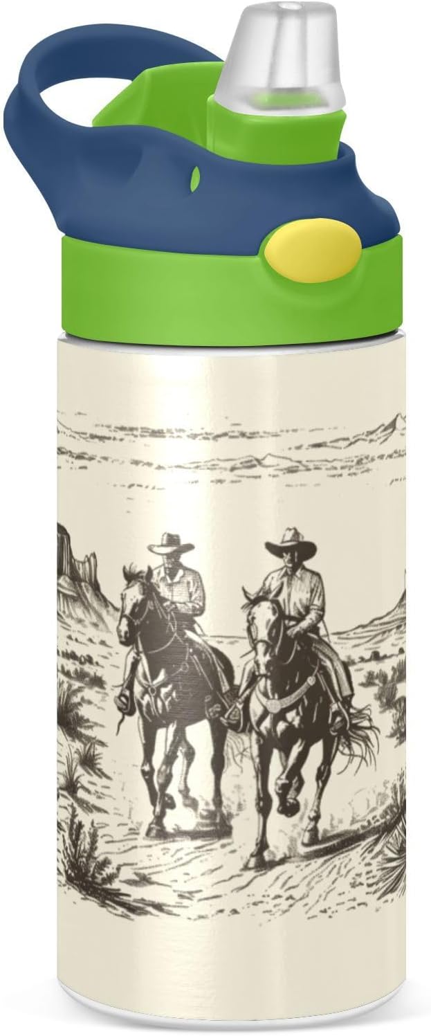 Boccsty Horse Cowboys Kids Water Bottle with Straw Lid American Wild West Desert Insulated Stainless Steel Reusable Tumbler for Boys Girls Toddlers 12 oz Green