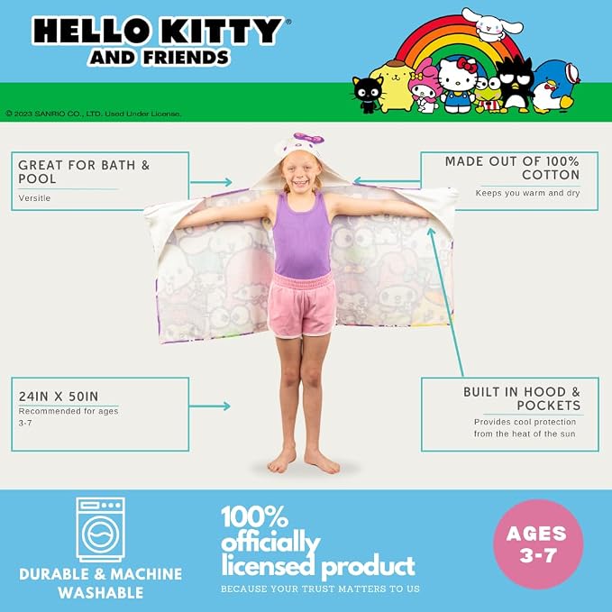 Hello Kitty & Friends Kids Super Soft Bath/Pool/Beach Soft Cotton Terry Hooded Towel Wrap, 24 in x 50 in, (Officially Licensed Product) By Franco