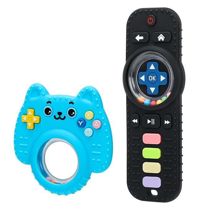 MISSLILI 2 Packs Teething Toy for Babies 0-6-9-12 Months, Silicone Baby Rattles Teether, Teething Relief Infant Toddles TV Remote Control Teether for 3-24 Months