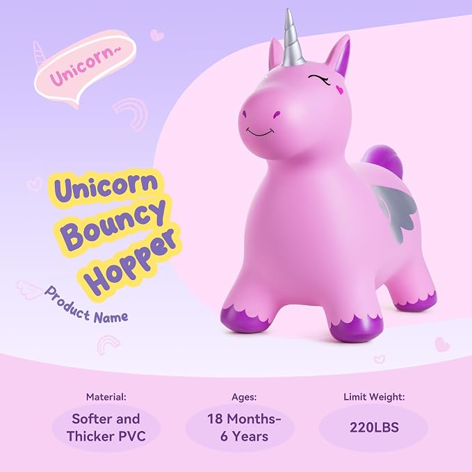 ZOOJOY Unicorn Bouncy Hopper, Inflatable Bouncy Hopping Toys for Toddlers 1-3, Indoor Outdoor Bounce and Ride On Horse Bouncer Boys Girls, Birthday with Free Pump