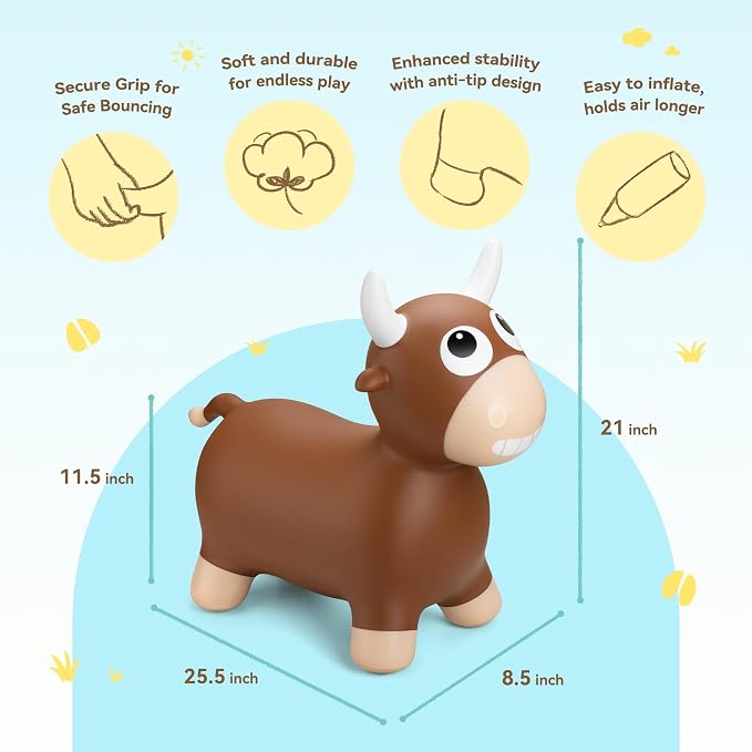 ZOOJOY Bouncy Animal Hopping Toys, Inflatable Brown Bouncy Hopper for Toddles, Outdoor Indoor Bouncing and Riding Bull Toys for Boys Girls, Birthday Gifts for 18 Months 2 3 4 5 6 Yrs w/Pump