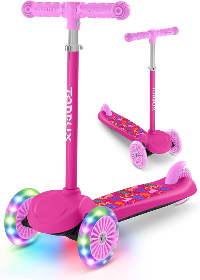 TONBUX Kids Scooter for Ages 3-5, Toddler Scooter with Light-Up Deck and Wheels, Adjustable 4-Level Height 3-Wheel Scooters for Kids, Lean-to-Steer Design