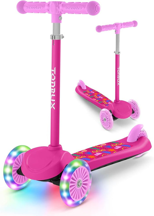 TONBUX Kids Scooter for Ages 3-5, Toddler Scooter with Light-Up Deck and Wheels, Adjustable 4-Level Height 3-Wheel Scooters for Kids, Lean-to-Steer Design