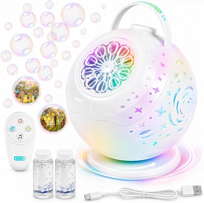 Rechargeable Galaxy Bubble Machine for Kids, 90°/360° Rotating Bubble Maker with Remote Control, 7-Color LED Light,Type-C Bubble Blower for Birthday Party, Wedding, Outdoor Play (Globe)