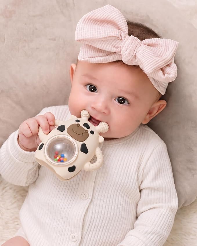 Bakpoco Baby Teether Toys for Babies 3 Months+, Easy-Grip Silicone Hand Teether with Sensory Rattle, Multi-Texture Infant Toy, Wrist Design Helps Reduce Drops, Cow