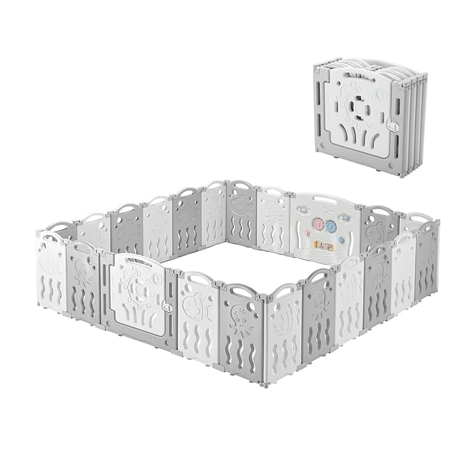 Albott Baby Playpen 22 Panel Foldable Baby playpen Folding Play Pen Kids Activity Centre Safety Play Yard Home Adjustable Shape, Portable Design for Indoor Outdoor Use (White+Grey, 22 Panel)