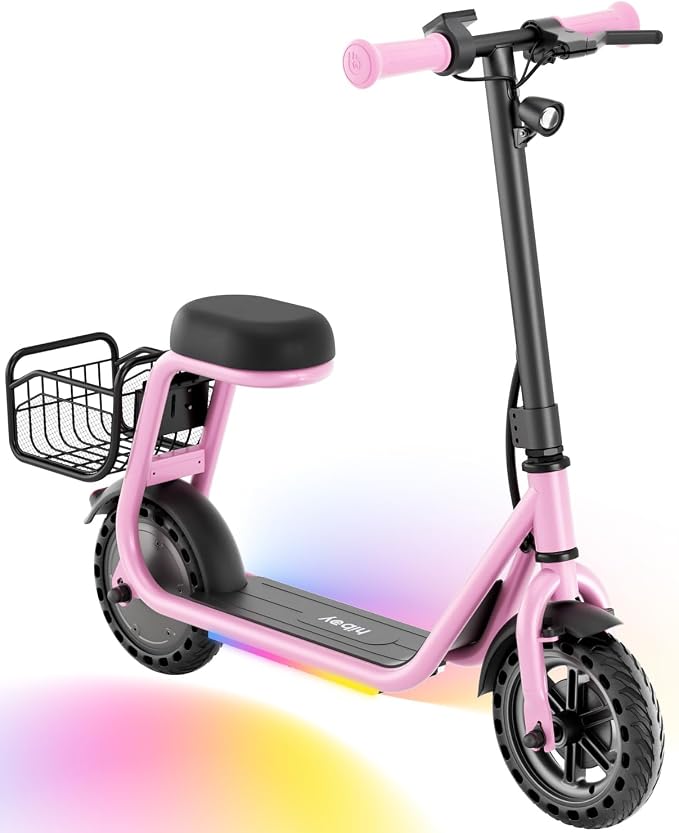 Hiboy Q2 Lite Electric Scooter for Kids with Seat for Ages 4-10, 5-Mile Range, 3-Speed Adjustable up to 9.3 MPH, Front Brake, LED Neon Lights