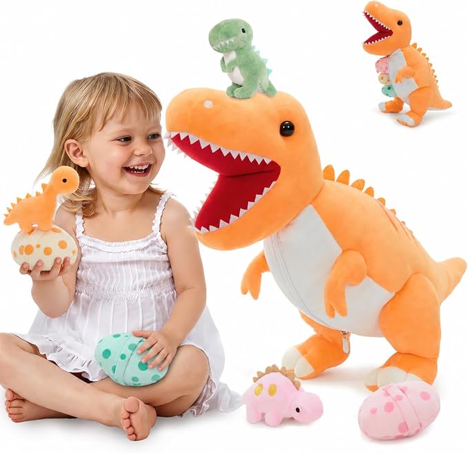 MorisMos Dinosaur Stuffed Animal with Babies,23.6'' Big Mommy Stuffed Dino T Rex with 3 Baby Dino Stuffed Toys & 3 Eggs Plush Inside Belly, Boy Girl Dinosaur Toys for Kid 3-5,Orange T Rex Toys Gift
