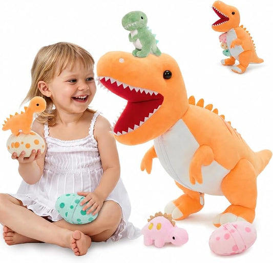 MorisMos Dinosaur Stuffed Animal with Babies,23.6'' Big Mommy Stuffed Dino T Rex with 3 Baby Dino Stuffed Toys & 3 Eggs Plush Inside Belly, Boy Girl Dinosaur Toys for Kid 3-5,Orange T Rex Toys Gift