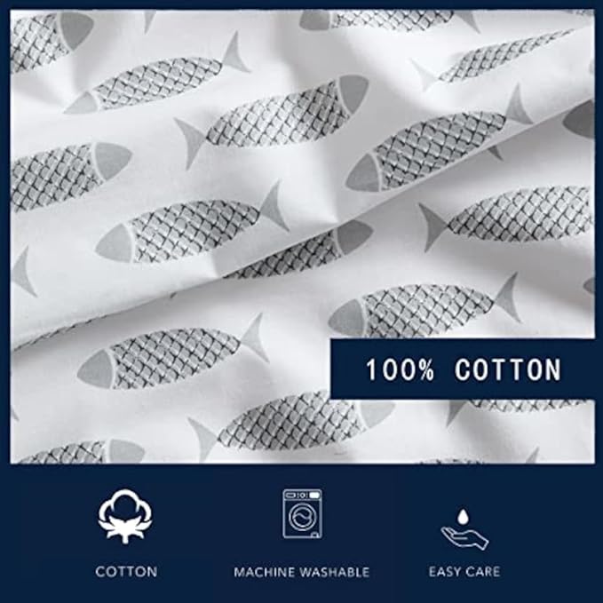 Nautica- King Sheet Set, Cotton Percale Bedding Set, Crisp & Cool, Lightweight & Breathable (Woodblock Fish Grey, King)