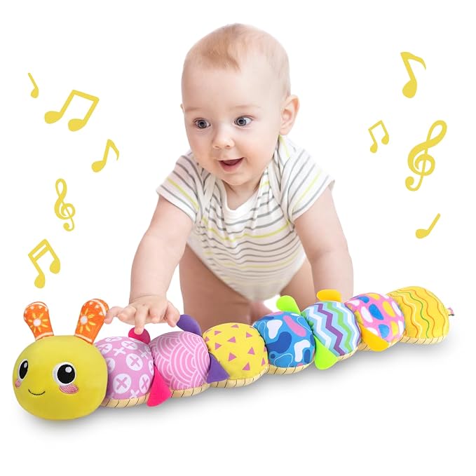 KMUYSL Baby Sensory Caterpillar Toys for 0-6 6-12 Months, Soft Plush Activity Toy with Crinkle, Rattle & Gentle Music, Tummy Time Toy for Infant Newborn, Early Development Toy Shower Gifts for Baby