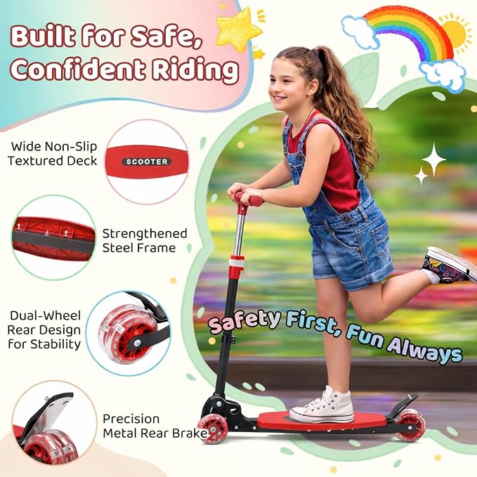 Kick Scooters for Kids 5-7 8-12,Lean to Steer,Three Wheeled Light Up,28"-32" Adjustable Handlebar,Widen Anti-Slip Deck,Floor Push Scooter for Boys Girls Ages 6-12 3-4 Old,Foldable for Travel