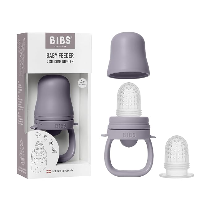 BIBS Baby Feeder with 2 Silicone Nipples, Compatible with Freezer Tray, Easy-Grip, BPA-Free - Ideal for Teething & Self-Feeding, 4+ Months - Fossil Grey