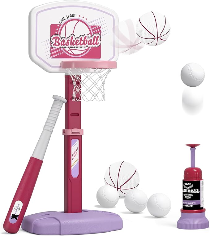 HYES 2 in 1 Kids Basketball Hoop and T Ball Set - Adjustable Height, Kids Baseball Tee with Automatic Pitching Machine, Indoor Outdoor Sport Toys Gifts for Toddler Boys Girls Age 1-5, Pink