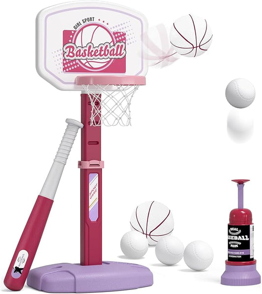 HYES 2 in 1 Kids Basketball Hoop and T Ball Set - Adjustable Height, Kids Baseball Tee with Automatic Pitching Machine, Indoor Outdoor Sport Toys Gifts for Toddler Boys Girls Age 1-5, Pink