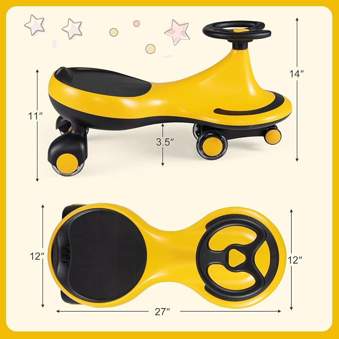 BABY JOY Wiggle Car for Kids, Swing Car with LED Flashing Wheels, No Batteries, Gears or Pedals, Uses Twist, Turn, Wiggle Movement to Steer, Ride-on Toy for Boys Girls 3 Year Old and Up (Yellow)