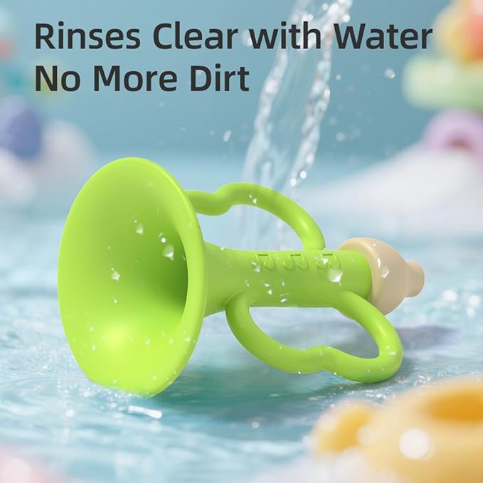 Baby Trumpet Toy 6-12 Months, Silicone Baby horn blowing toy with 2PCS yellow green for Teething Sensory play, Easy Grip Toddler whistle toys 0-6 Months Newborn Gift (Trumpet)