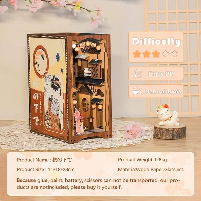 CUTEBEE Book Nook Kit - DIY Miniature House Japanese Sakura Dollhouse Kit for Adults, Booknook Tiny House Bookshelf Decor 3D Wooden Puzzle, Gifts for Family, Friends (Under the Sakura Tree)
