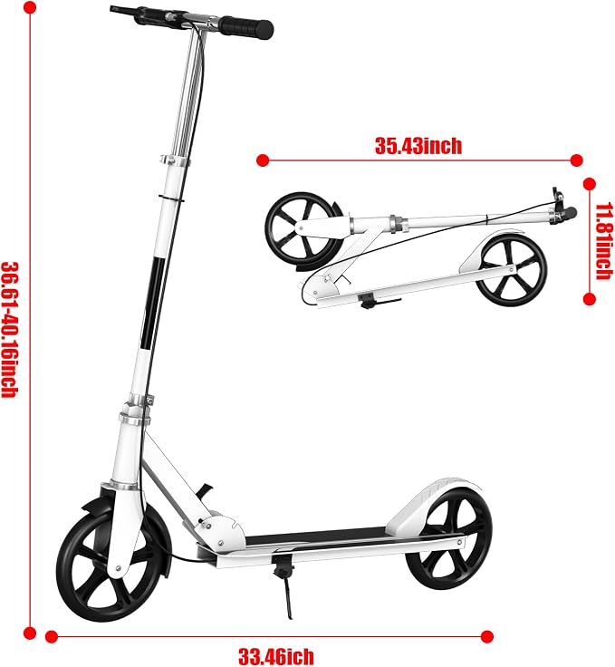 Non-Electric Scooters for Kids 8-12, Teens & Adults - Foldable Commuter Scooter with 8" Wheels, Bell, Hand Brake & Adjustable Height 30"-40.5", 220LB Capacity, Manual Push Scooter for Campus & Park