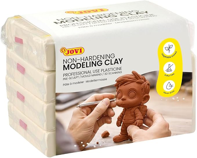 Jovi - Non Hardening Pre-Sculpt Clay, 3 Pounds Total, 4 White Bars, 0.77 lb Each, Professional Arts and Crafts, Non-Toxic and Gluten-Free Plasticine
