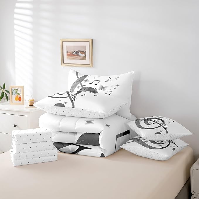 Feelyou Music Comforter Set with Sheets King Size Guitar Bed in a Bag for Boys Girls Teens White 7 Pieces Bedding Set Soft Lightweight Microfiber