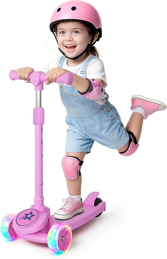 Nattork Kids Scooter for Girls Boys with Light Up Wheels, 3 Adjustable Height Handlebars, Lean-to-Steer Technology, Widen Anti-Slip Deck, 3 Wheel Scooter for kid ages 3-8, Support Riders Up to 110 LBS