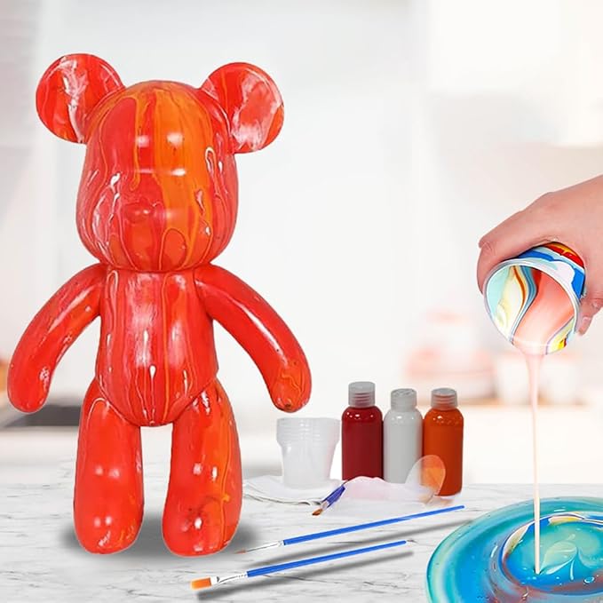 HANDA DIY Painting Fluid Bear Teddy Bear Painting Kit Set Creative Home Decorations Handmade Doll Figurine Toys Gift for Birthday Valentines (9.05 inch, Red+Orange+White)