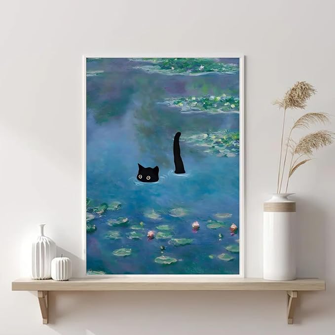 RYMILIE Black Cat Diamond Art Kits for Adults, 5D Lotus Pond Diamond Art Kits for Beginners, DIY Full Drill Paint with Diamond, Home Wall Decor 12 x 16 Inch