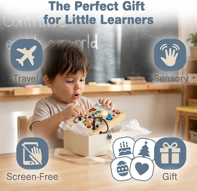 RichBoy Montessori Toy Busy Board for 1-3 Year Old Toddlers, 37-in-1 Sensory Toy with 24 LED Lights, Educational Travel Toy for Airplane Car Rides, First Birthday for Boys Girls (School 6.7" X 5.3")