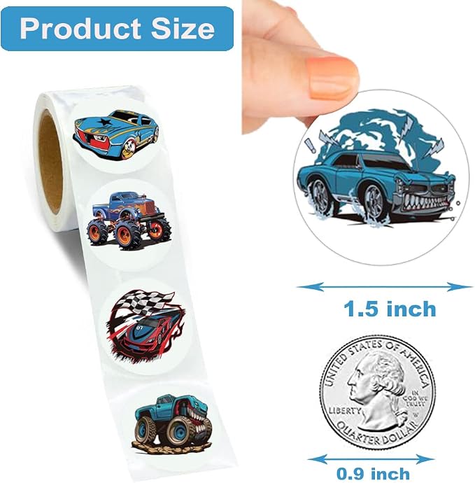 600Pcs Monster Truck and Race Car Stickers for Kids 1.5 Inch Car Stickers for Kids Boys Race Car Party Favors Birthday Decoration Supplies