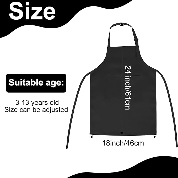 24 Pack Kids Apron Bulk with 2 Pockets Adjustable Chef Art Apron Kids Painting Aprons for Cooking Baking Painting Crafting Grilling Activity（Black）