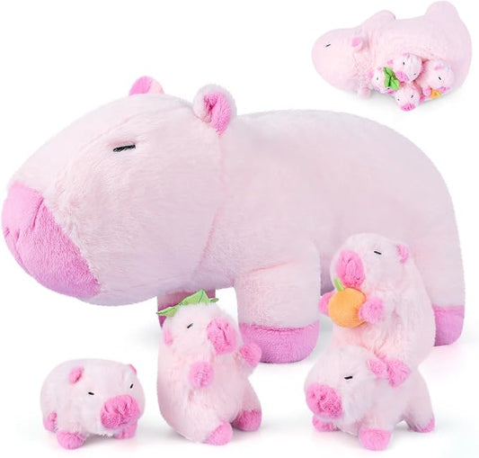 SuzziPals 5-in-1 Pink Capybara Plush with Babies Inside, 5Pcs Set Capybara Stuffed Animal with Mommy & 4 Babies, Cute Plush Pillow Decor, Cute 3 to 8 Year Old Girl Gift, Imaginative Toy (Capibara)