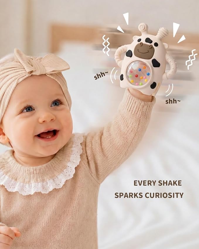 Bakpoco Baby Teether Toys for Babies 3 Months+, Easy-Grip Silicone Hand Teether with Sensory Rattle, Multi-Texture Infant Toy, Wrist Design Helps Reduce Drops, Cow