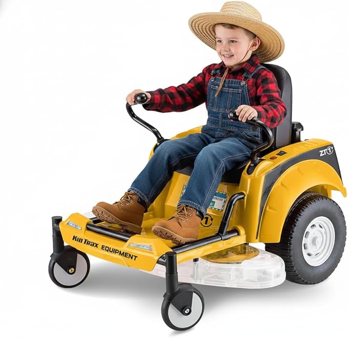 Kid Trax 12V Zero Turn Lawn Mower Tractor Toy - Riding Lawn Mower, Outdoor Toys, Kids Electric Car, Ride On Tractor, Dual Handle, Twist and Turn, Speed to 3MPH, Max Weight of 77lbs, Age 3-7, Yellow