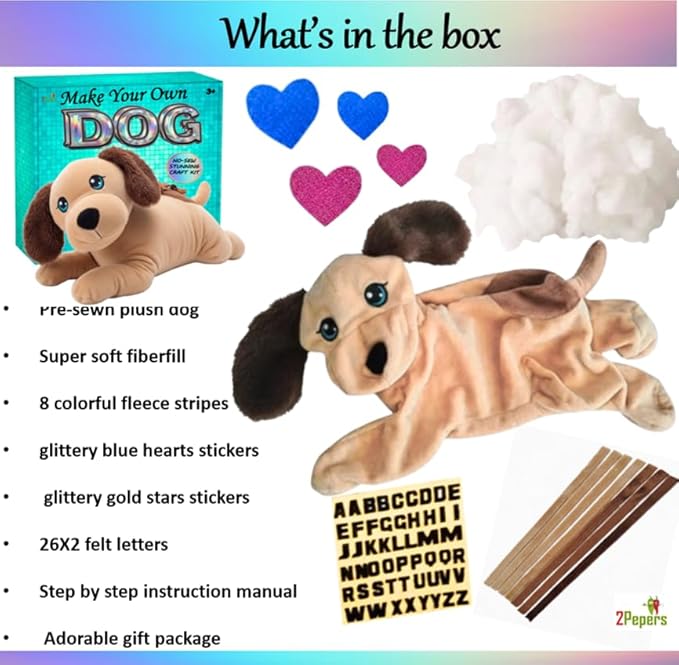 2Pepers Create Your Own Best Friend: DIY No-Sew Plush Dog Craft Kit for Kids - Stuffed Animal Kit for Children, Plushie Puppy Art Pillow, Gift for Boys & Girls Ages 3 4 5 6 7 8+, Dog Toy STEM Present