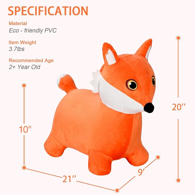 INPANY Bouncy Horse, Fox Hopper Toys, Toddlers Bouncing Animal Hopping, Plush Bounce Buddies, Inflatable Ride on Rubber Bouncer, Indoor Outdoor Birthday Gifts Toy for 2 3 4 Year Old Girls Boys