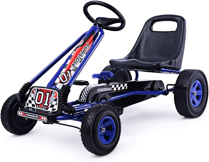 Costzon Go Kart for Kids, 4 Wheel Off-Road Pedal Go Cart w/Adjustable Seat, Steering Wheel, 2 Safety Brakes, EVA Tires, Ride-On Toys, Outdoor Racer Pedal Car (Blue, 40" L x 24''W x 24.5''H)
