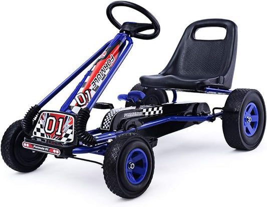 Costzon Go Kart for Kids, 4 Wheel Off-Road Pedal Go Cart w/Adjustable Seat, Steering Wheel, 2 Safety Brakes, EVA Tires, Ride-On Toys, Outdoor Racer Pedal Car (Blue, 40" L x 24''W x 24.5''H)